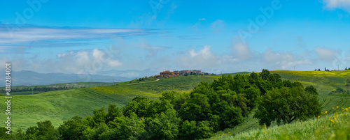 Panoramic Image of Italian Villa in Crete Senesi Area Near Siena in Spring Greenery © Jeff Huth