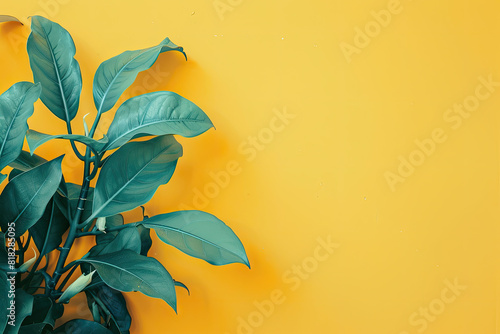 Plant growing on yellow wall, vibrant and lively, suitable for naturethemed designs, ecoconscious branding, or inspirational content creation. photo