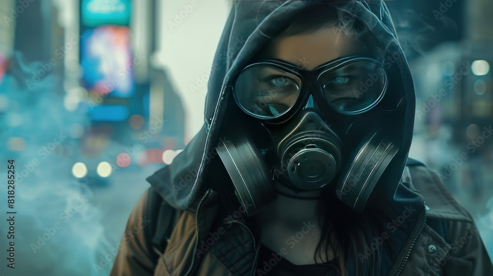 Cyberpunk woman wearing a hoodie with goggles and a protective gas mask Cyberpunk woman wearing a hoodie with goggles and a protective gas mask