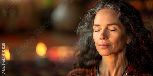 Middle-aged woman practicing meditation at home, eyes closed, relaxing body and mind. Concept Meditation Practice, Relaxation Techniques, Mindfulness Exercises, Wellness Activities