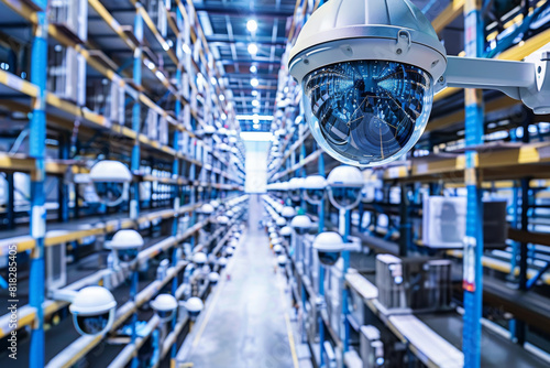 A warehouse with a camera mounted on the ceiling