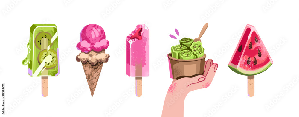 A vector image of an ice cream. Summer stickers, frozen kiwi juice, ice cream cone, popsicle, hand holding ice cream. A vector image of an ice cream. Summer stickers, frozen kiwi juice, ice cream cone, popsicle, hand holding ice cream.