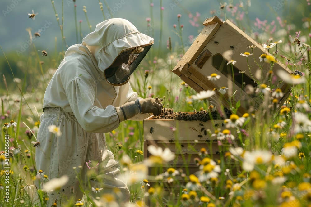 Beekeeper Inspecting Hive in Wildflower Field on Summer Day with Bees Buzzing Around Beekeeper Inspecting Hive in Wildflower Field on Summer Day with Bees Buzzing Around