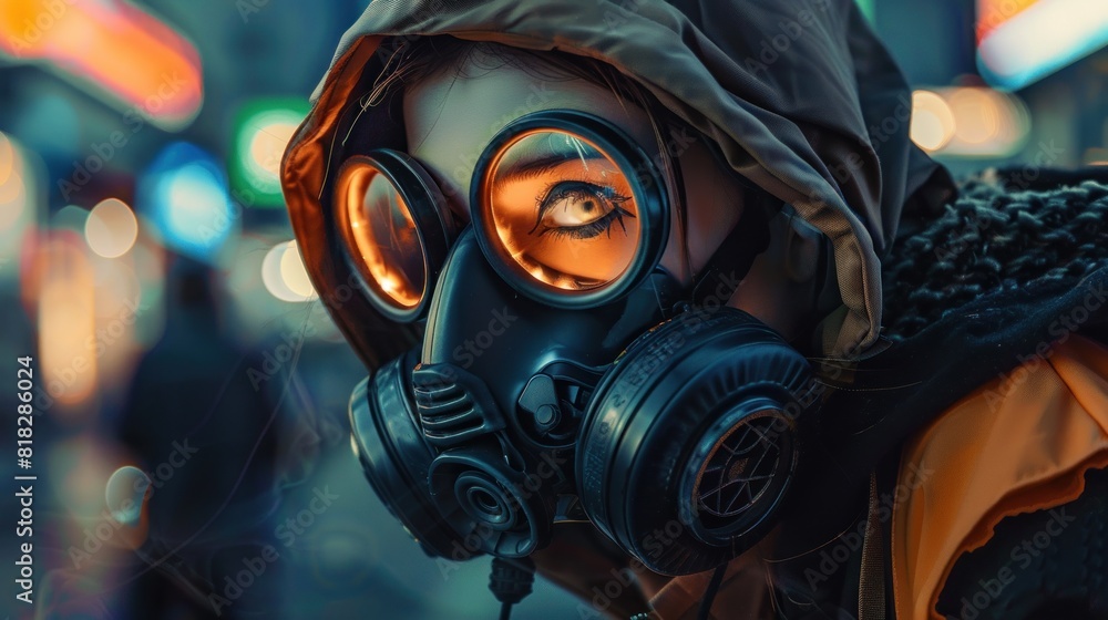 Cyberpunk woman wearing a hoodie with goggles and a protective gas mask Cyberpunk woman wearing a hoodie with goggles and a protective gas mask