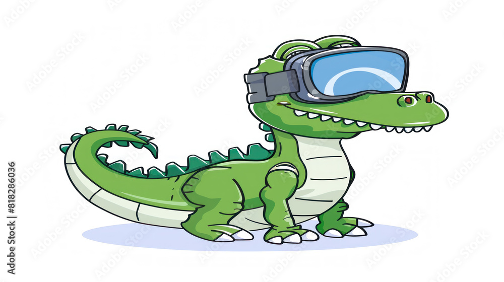 Drawing of cute crocodile wearing virtual reality headset on white background Drawing of cute crocodile wearing virtual reality headset on white background