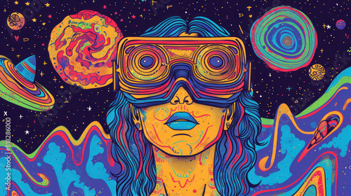 Psychedelic drawing of cyberpunk character wearing virtual reality glasses in another reality