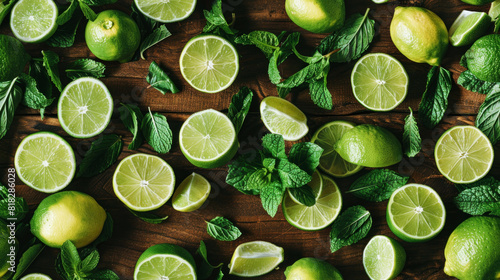 Flat lay background with limes and mint on dark wood