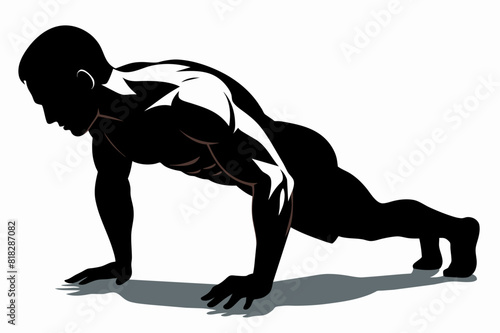 Bodybuilder performing a push-up on the ground vector silhouette 