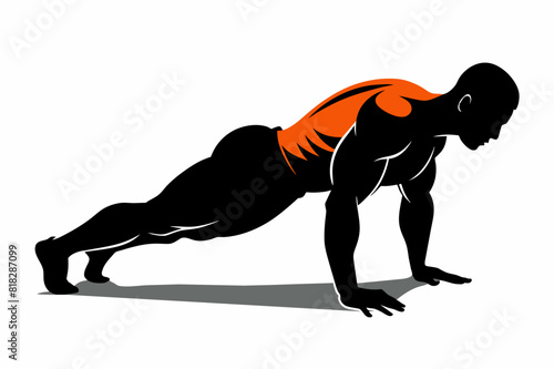 Bodybuilder performing a push-up on the ground vector silhouette 