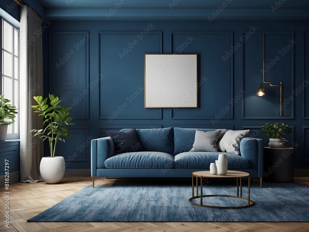 Photo sofa in a living room interior in modern style with blue and navy painted walls design, 3d render Photo sofa in a living room interior in modern style with blue and navy painted walls design, 3d render
