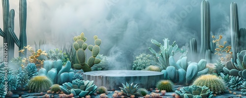 Product Showcased on Podium Surrounded by Cacti and Succulents with Foggy Blue Gold Backdrop photo