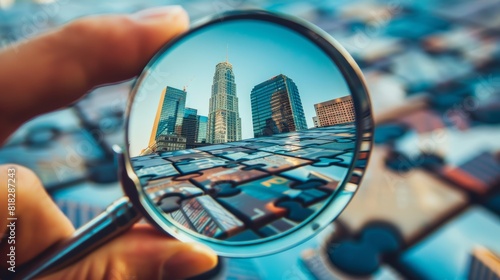City skyline magnified through a magnifying glass with puzzle pieces. Urban planning and development concept. © Andrey