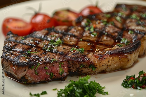 Bistecca alla Fiorentina  A large  perfectly grilled T-bone steak  with a charred exterior and juicy interior. 