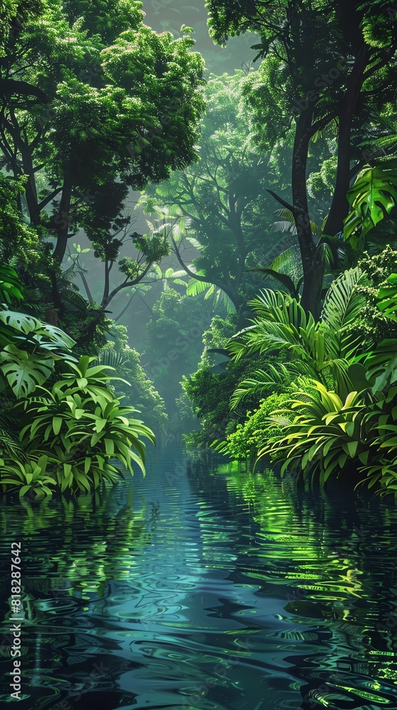 A lush green jungle with a river running through it. The trees are tall and the leaves are a vibrant green. The water is clear and reflects the sky. A lush green jungle with a river running through it. The trees are tall and the leaves are a vibrant green. The water is clear and reflects the sky.