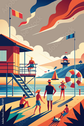 Vibrant Summer Beach Scene with Lifeguard and Vacationers. World Drowning Prevention Day