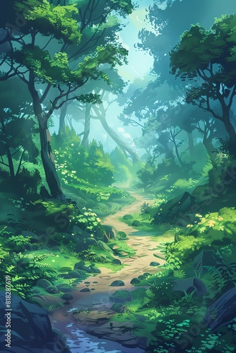 A beautiful painting of a dense forest path