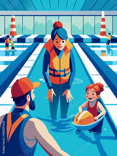 Indoor Swimming Lesson with Instructor, Child, and Safety Gear. World Drowning Prevention Day