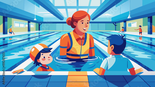 Swimming Lesson with Instructor and Children at Indoor Pool. World Drowning Prevention Day