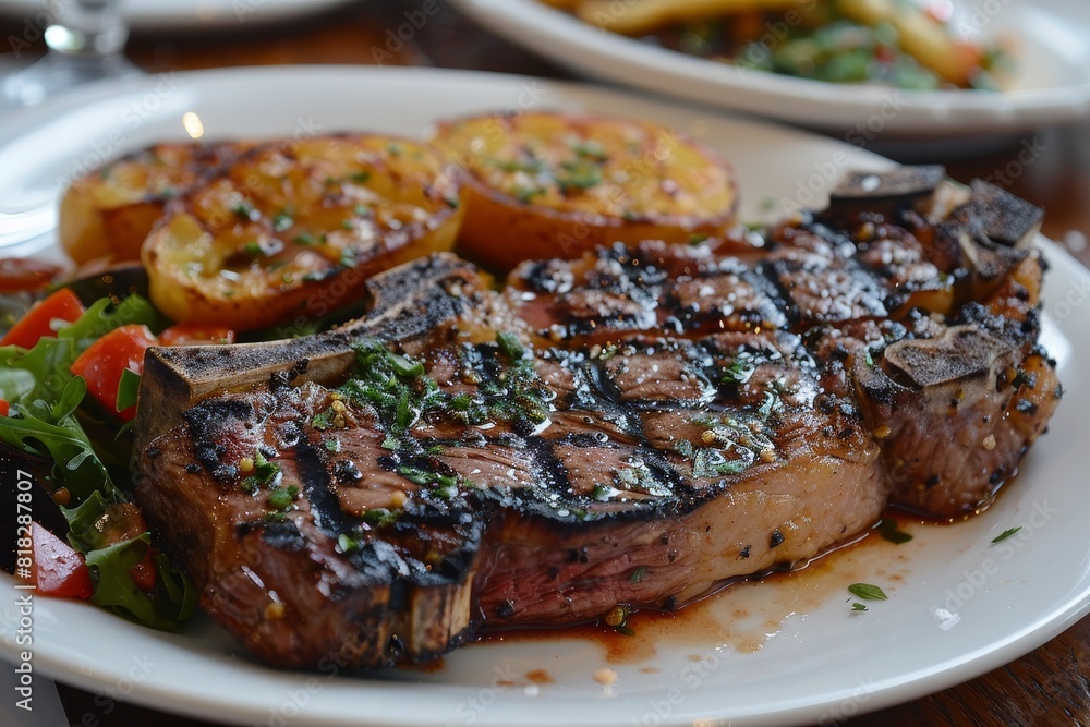 Bistecca alla Fiorentina: A large, perfectly grilled T-bone steak, with a charred exterior and juicy interior. Bistecca alla Fiorentina: A large, perfectly grilled T-bone steak, with a charred exterior and juicy interior.