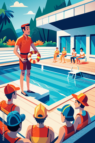 Lifeguard Training Session at Outdoor Pool. World Drowning Prevention Day