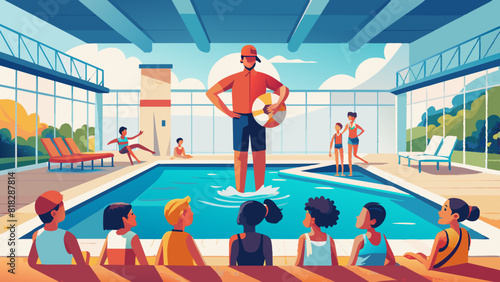 Vibrant Indoor Swimming Lesson with Attentive Instructor and Diverse Group of Children. World Drowning Prevention Day