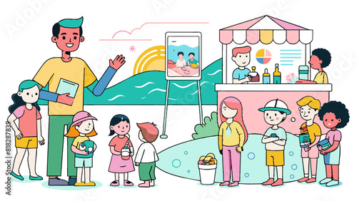 Colorful Beach Scene with Diverse Families and Food Stand Illustration. World Drowning Prevention Day