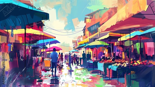 A vibrant market scene with colorful stalls and bustling activity
