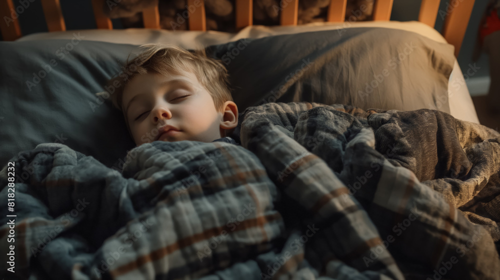 Young child peacefully sleeps under a warm, plaid blanket in a cozy bed, exuding comfort and innocence. Young child peacefully sleeps under a warm, plaid blanket in a cozy bed, exuding comfort and innocence.