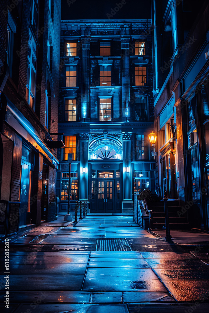 Capturing the serene and moody ambiance of a bluetinted night scene, featuring an empty street lined with charming buildings, illuminated windows, and a welcoming archway Capturing the serene and moody ambiance of a bluetinted night scene, featuring an empty street lined with charming buildings, illuminated windows, and a welcoming archway
