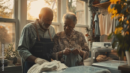 Senior LGBTQ couple sharing chores, one folding laundry while the other sweeps photo