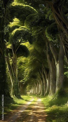 A long and winding path leads through a dense forest