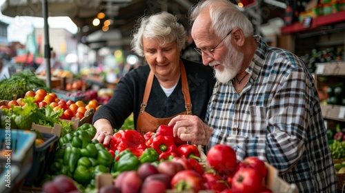 Senior LGBTQ couple shopping at a farmer market  selecting fresh produce