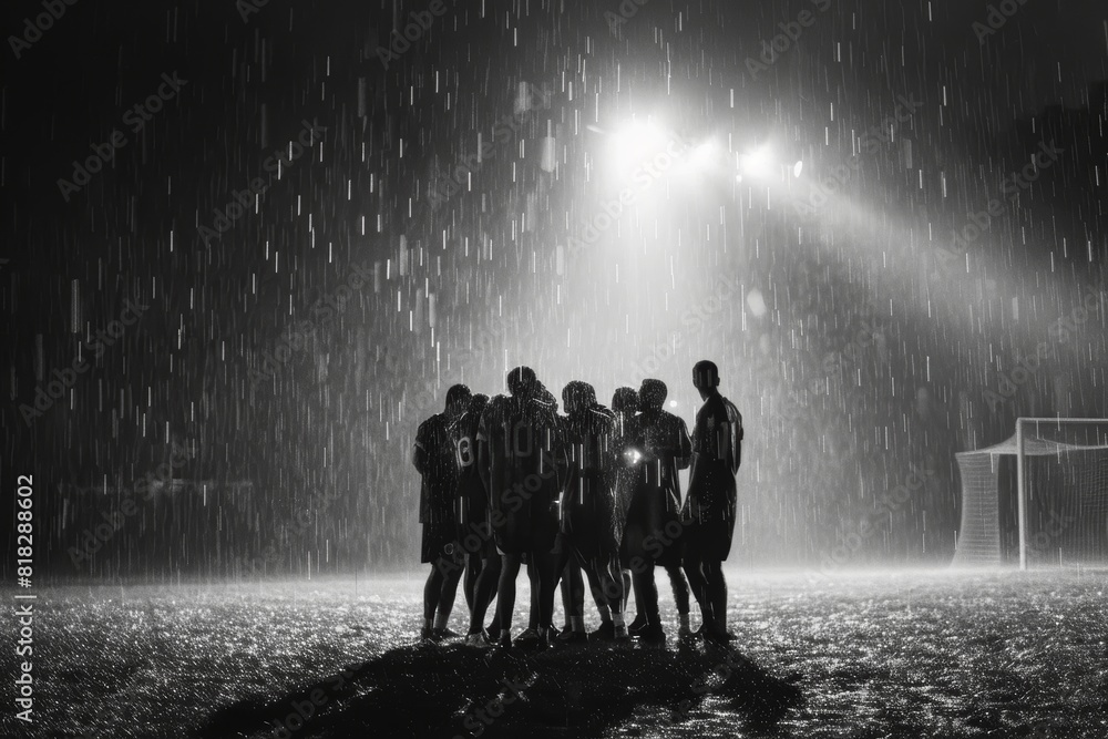 Solemn Soccer Team Consoling Each Other in Heavy Rain After Hard-Fought Match - Sports Photography Solemn Soccer Team Consoling Each Other in Heavy Rain After Hard-Fought Match - Sports Photography