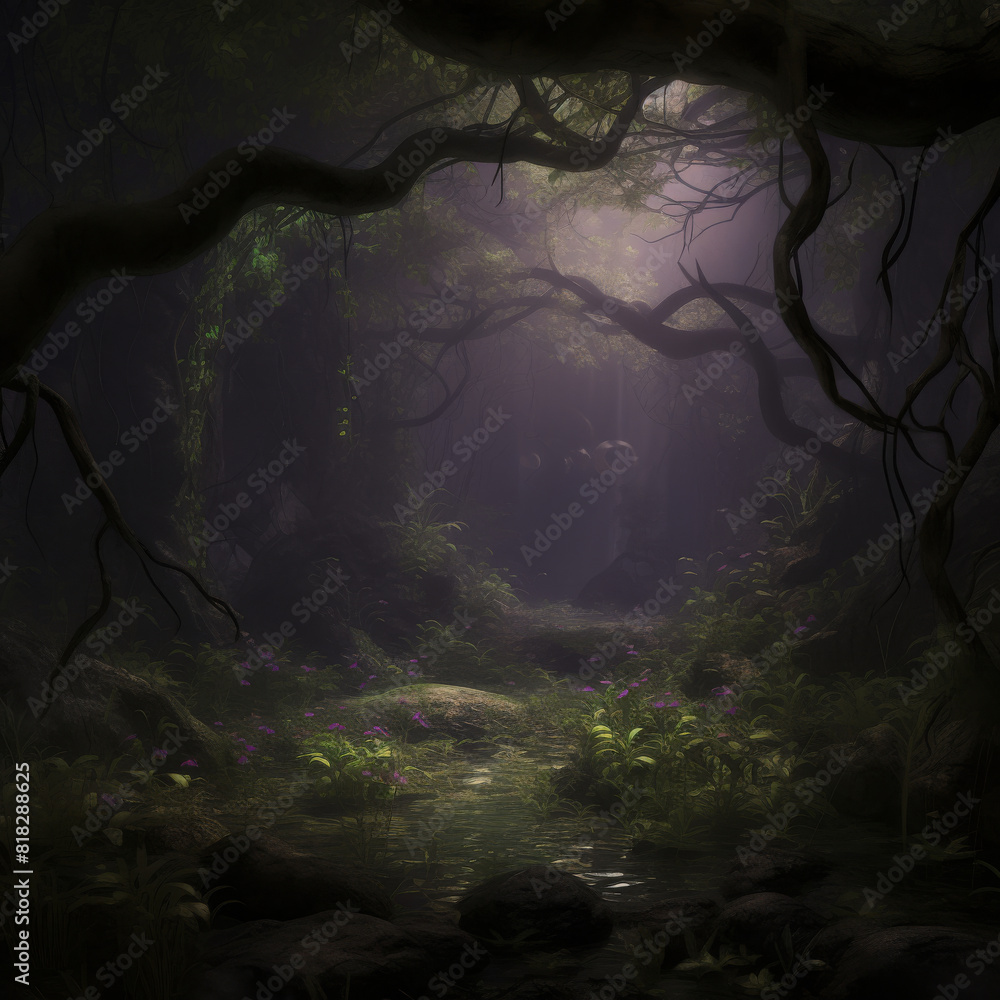 A dark forest with a stream of water running through it. Scene is eerie and mysterious A dark forest with a stream of water running through it. Scene is eerie and mysterious