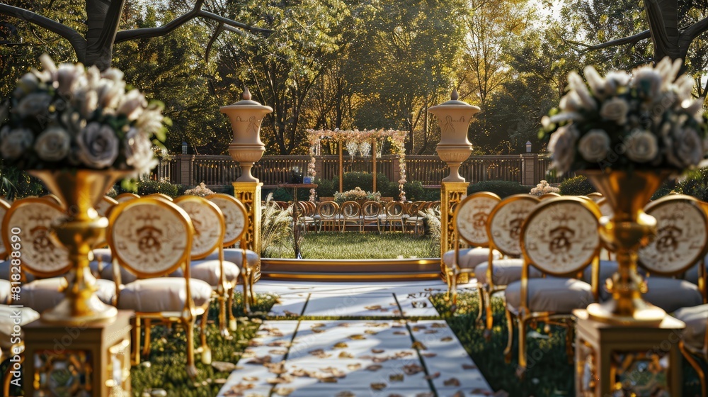 Elegant outdoor wedding ceremony setup with golden decor, floral ...