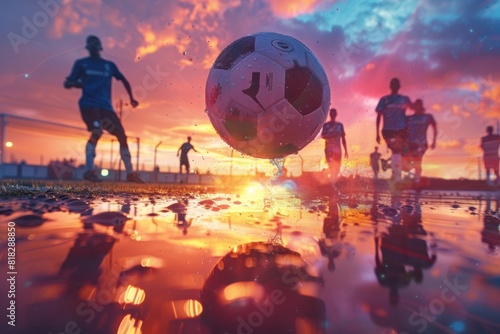 Dynamic Soccer Game at Sunset with Ball in Mid-Air Reflecting on Wet Ground - Perfect for Sports Poster or Print