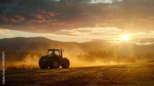 Farm Tractor Passes Over Grass Field During Sunset