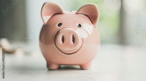 Cute pink piggy bank on a white table