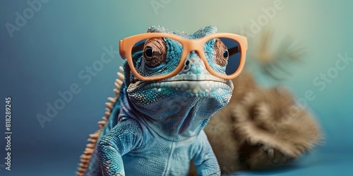 Potrait illustration of a cute chameleon wearing glasses to welcome the summer holidays on a blue background © sanstudio