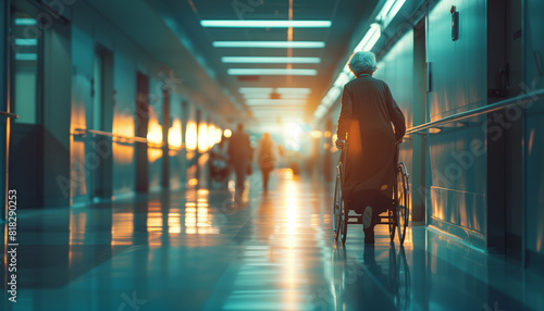Elderly patient using a walker in a welllit hospital hallway, representing the journey of healthcare, aging, and recovery photo