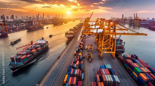 Aerial view of a container port with ships and cranes at sunset. Logistics and maritime concept