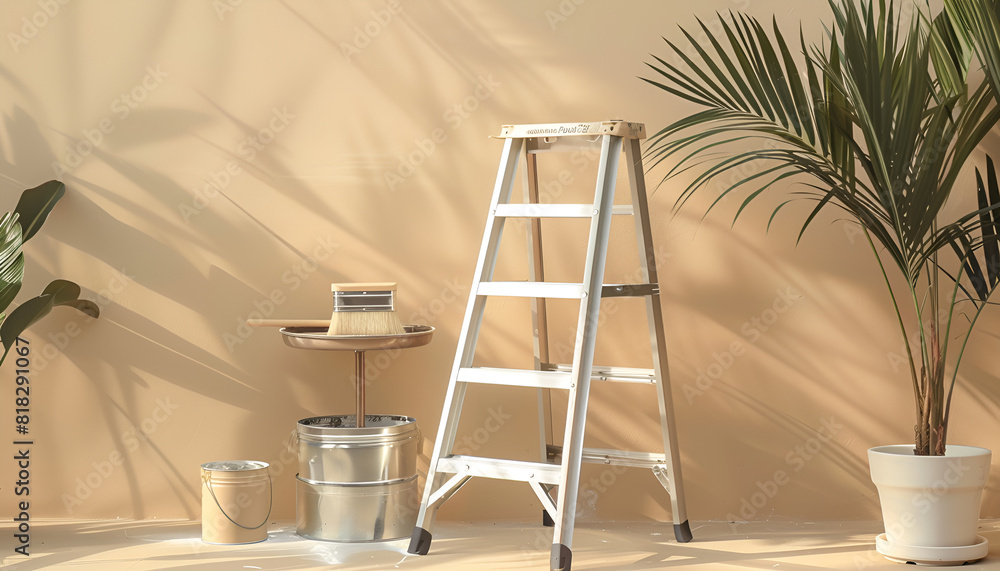 Metallic folding ladder and painting tools near beige wall indoors Metallic folding ladder and painting tools near beige wall indoors