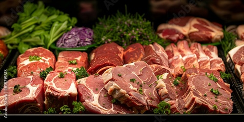 Assorted raw red meat cuts showcased at a supermarket meat counter. Concept Meat Counter Display, Raw Cuts, Fresh Produce, Butcher's Selection photo