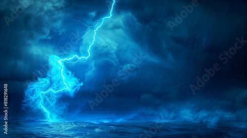 Electric blue smoke shaping into a lightning bolt, striking down in a severe storm over the ocean