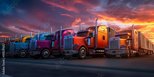Line of loaded semi trucks at truck stop waiting to resume journey. Concept Semi Trucks, Truck Stop, Waiting in Line, Resuming Journey, Transportation Industry