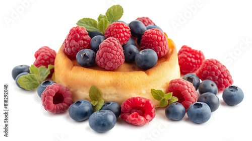 Souffle pancakes with fresh raspberries and blueberries isolated on a transparent background