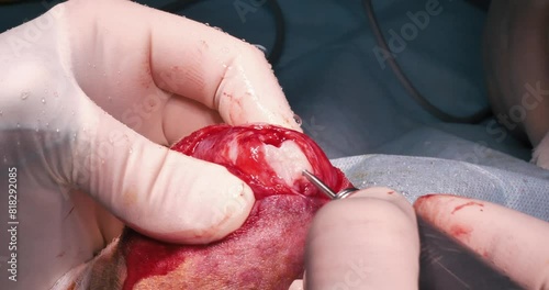 Surgical restoration of the knee joint ligaments in an animal. A team of veterinary surgeons surgically restores the knee joint of an animal. The concept of surgery on the knee joint in an animal. photo