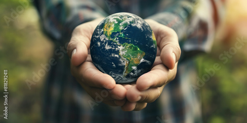 Two hands gently cradle a small globe against a blurred natural background, symbolizing environmental care and global responsibility