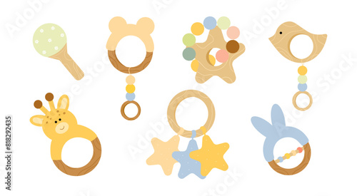 Wooden rattles set for babies. Newborn baby toys. Kids nursery items for fun, play. Vector illustrations in flat style. 