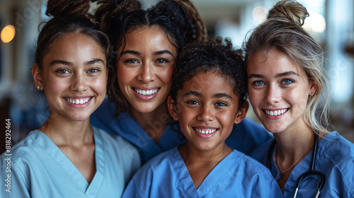 Smiling Diverse Healthcare Team with a Young Boy and a Girl in Scrubs
